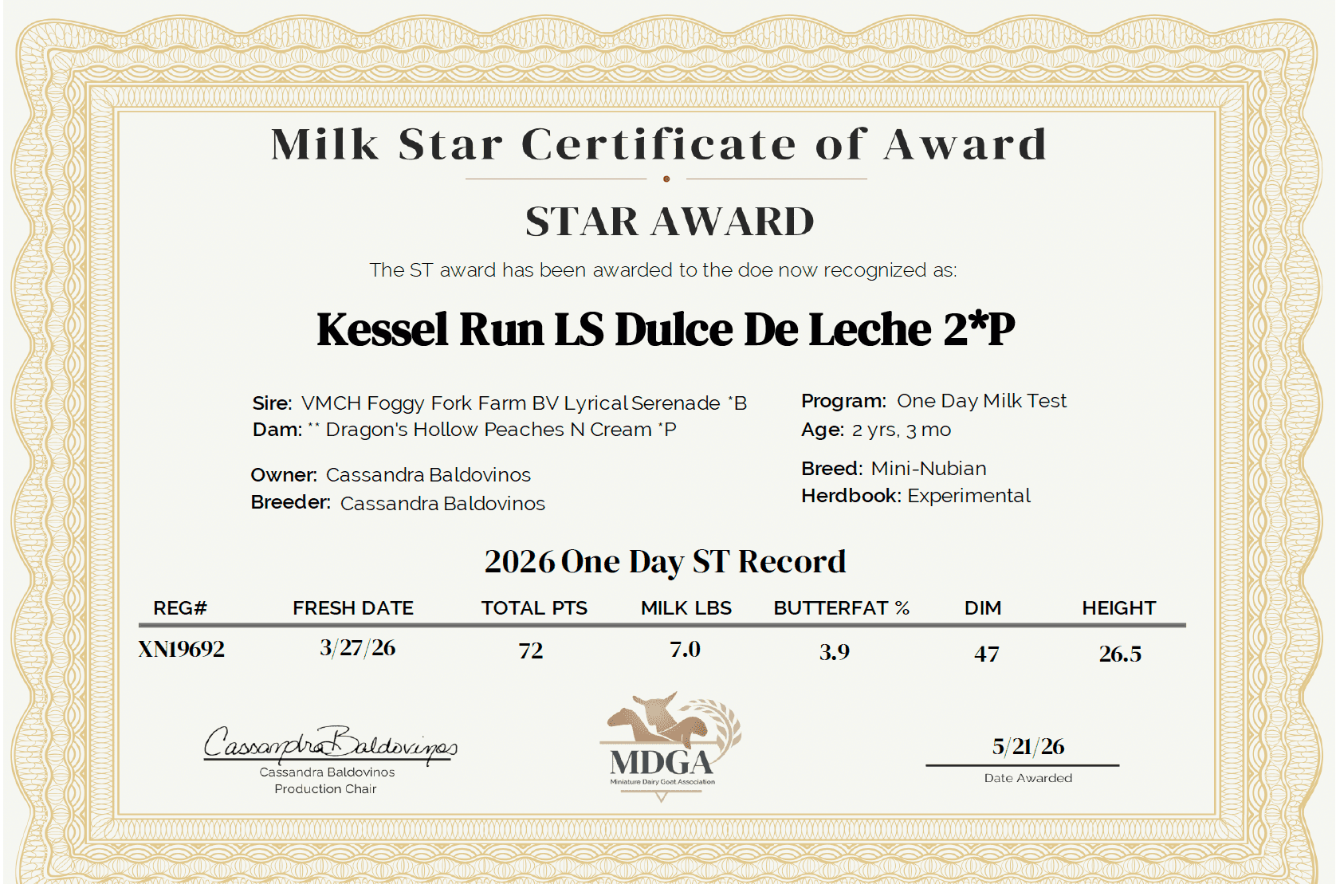 Dulce Star Cert ST2026